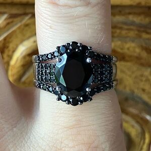 Natural Black Spinel Sterling Silver Ring Set Size 8.75